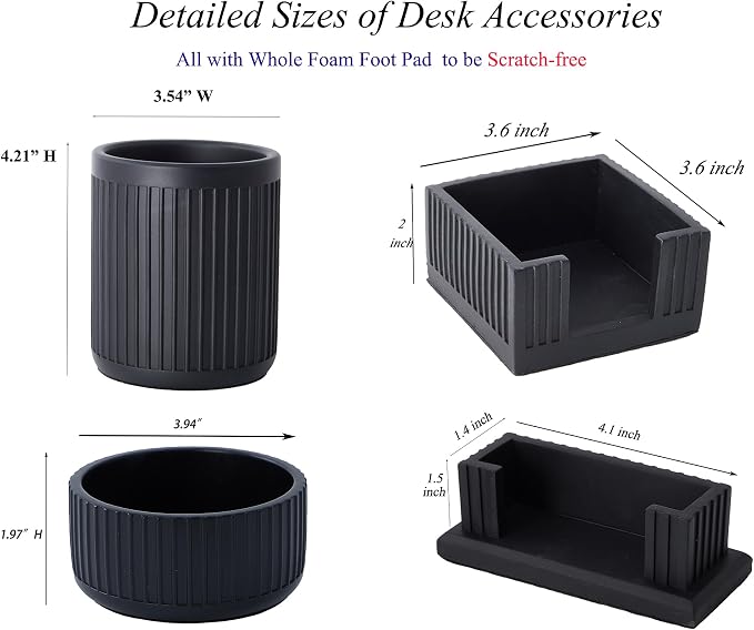Set of 4 - Concrete Desk Accessories For Modern, Industrial, Minimalist Office Decor- Aesthetic Desk Organizers Accessories For Women or Men- Pen, Business Card Holder & Sticky Note, Paper Clip Holder