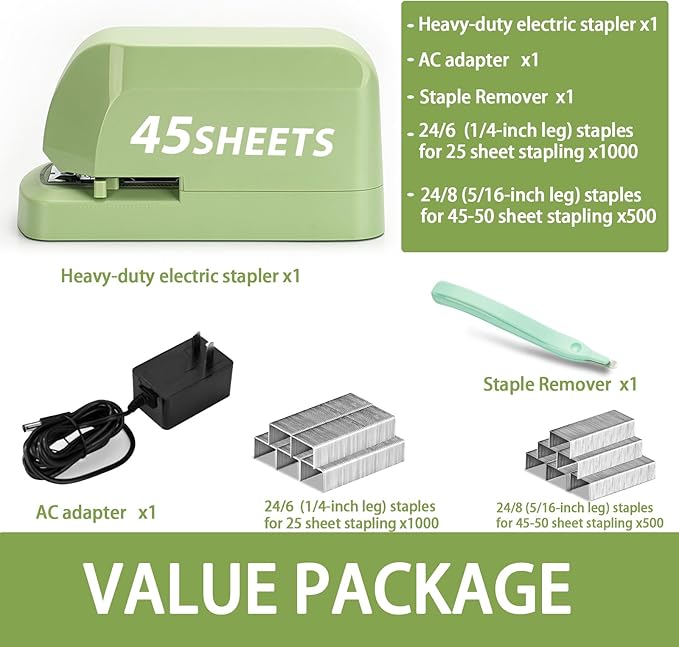 Heavy Duty Electric Stapler Value Pack, 45 Sheet Capacity, Includes 1500 Staples & Staple Remover, No-Jam, Faster Stapling, Automatic Stapler Desktop,AC Adapter Powered (Saga Green)