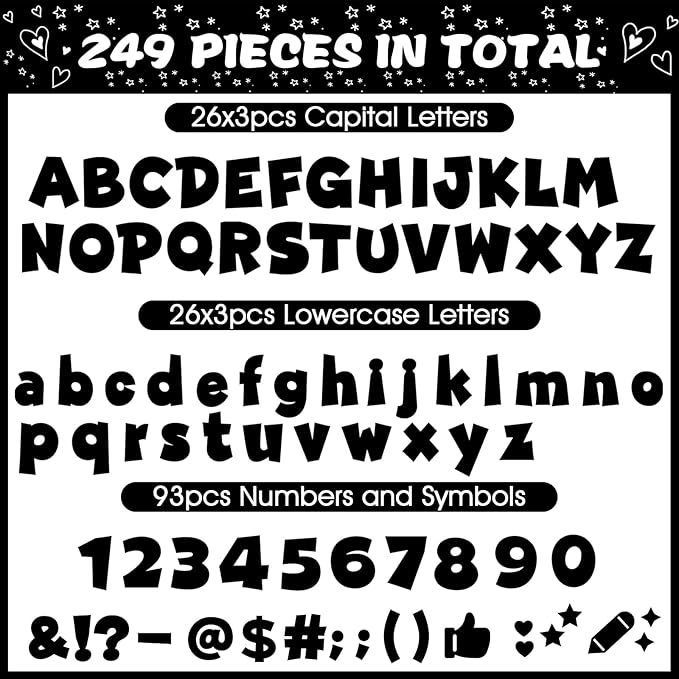 249 Pcs Bulletin Board Letters Set, 4 Inch Colorful Alphabet Numbers & Punctuation Cutouts with Adhesive Dots for Classroom Wall & School Decor (Black)