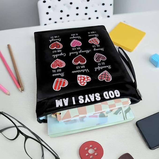 Book Cover Christian Inspired Gift, God Says I AM- Reusable Book Pouch, Christian Book Sleeve Bible Verse Sleeve for Book Lovers (Black-GOD SYAS, Large)