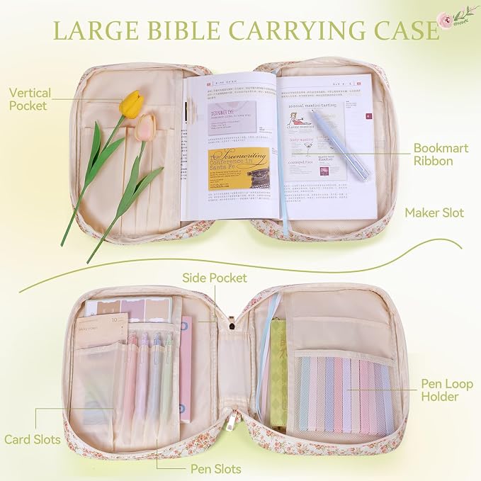 Bible Cover Case for Women Large Quilted Bible Carrying Bag with Handles Bible Study Supplies & Accessories Christian Gifts for Women(Siamese Rose, M)