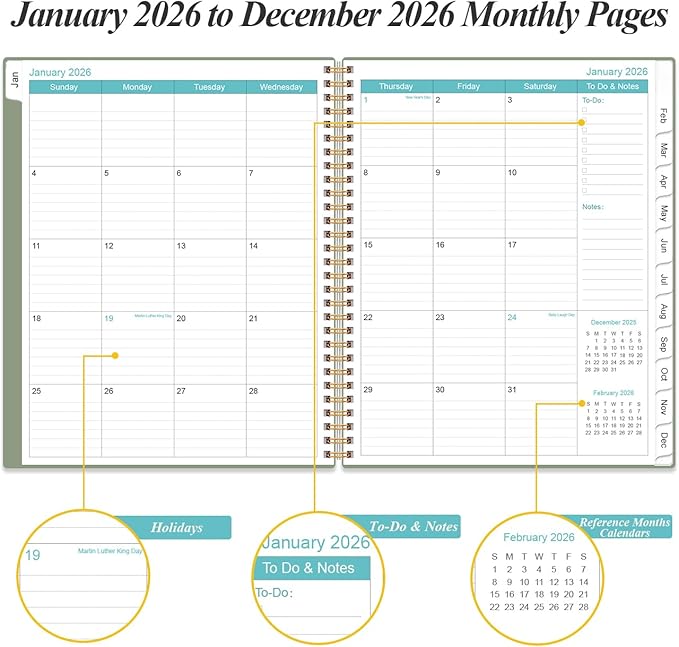 2026 Planner - Planner 2026 from January 2026 to December 2026 with 12 Monthly Tabs, Flexible Cover, Inner Pocket, 8.5" x 11", Green-C