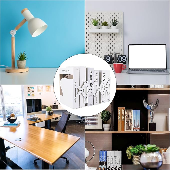 SHUESS 2 Pack Adjustable Bookends, Expandable Metal Book Holder With 2 Dividers, White Stoppers for Heavy Duty Books, Desk Ends for Shelves, Office & School