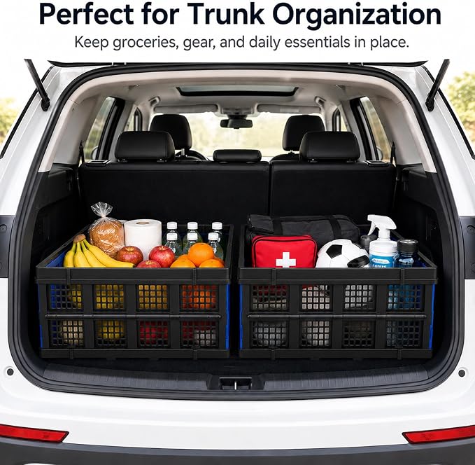 Collapsible Storage Crate, Heavy Duty Foldable Plastic Storage Bin, Stackable Trunk Organizer for Car, Garage, Home & Office, 49L Utility Basket, Blue, 1 Pack