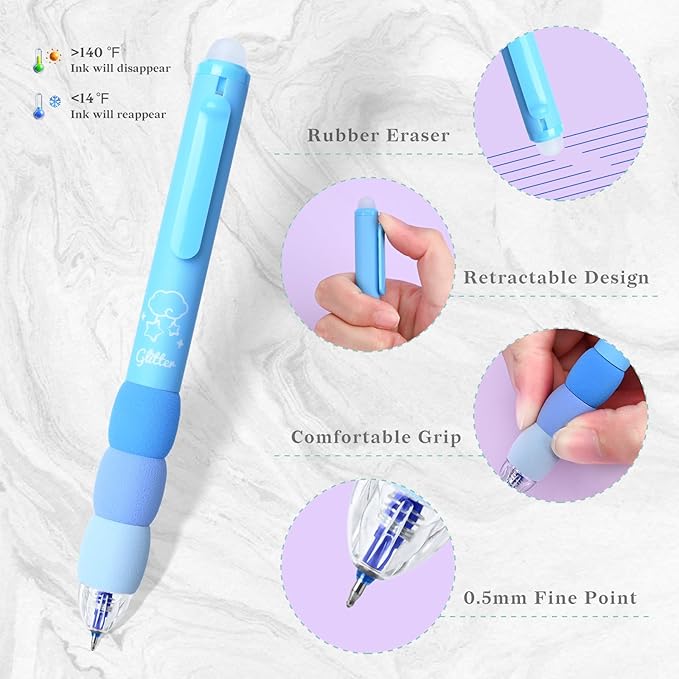 Temiary 18Pcs Aesthetic Retractable Erasable Gel Pens, Make Mistakes Disappear, 8 Pens & 10 Refills, Cartoon Smooth Writing Pen, 0.5 mm Black & Blue Ink Pen, Office School Supplies. (Blue Theme）