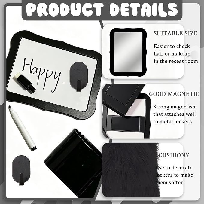 16 Pcs Locker Accessories Kit Black Locker Organizer Decorations Include Checkered Wallpaper String Light Magnetic Whiteboard Mirror Storage Cup Marker Rug Organizing Shelf for Back to School Supply