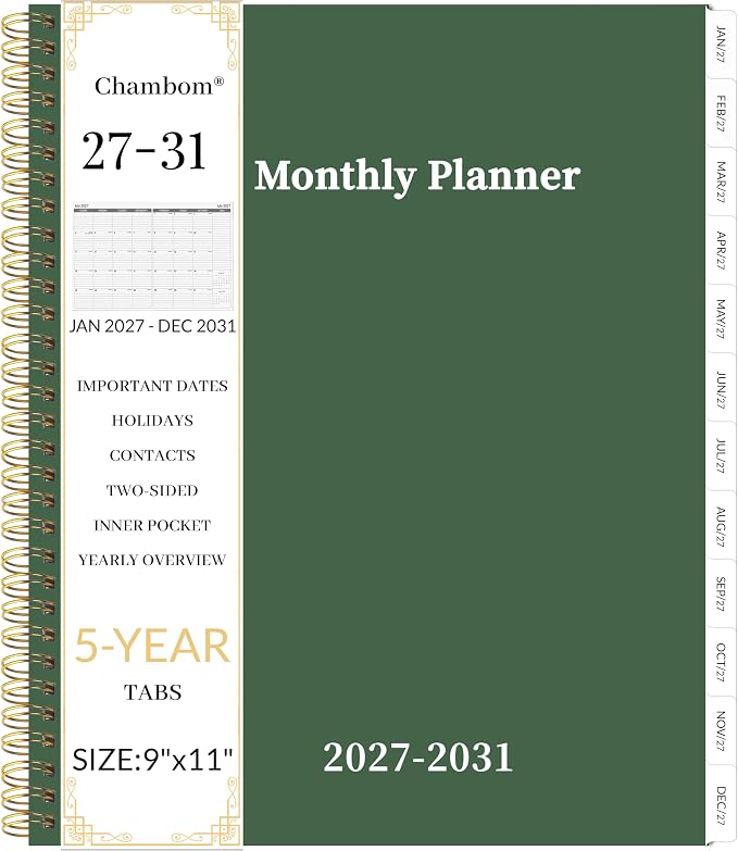2027-2031 Monthly Planner 5 Year Monthly Planner/Calendar 2027-2031, Jan 2027 – Dec 2031, 9" x 11", Tabs, Double-Side Pocket, Holidays, Thick Paper - Dark Green