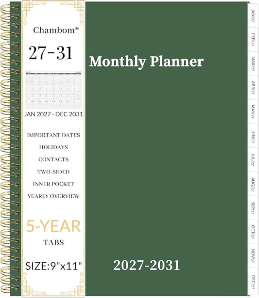 2027-2031 Monthly Planner 5 Year Monthly Planner/Calendar 2027-2031, Jan 2027 – Dec 2031, 9" x 11", Tabs, Double-Side Pocket, Holidays, Thick Paper - Dark Green