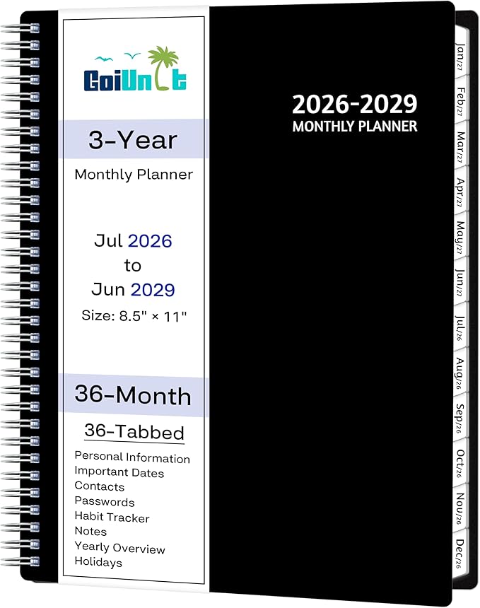 Monthly Planner 2026-2029, 36 Months Calendar Planner 2026-2029 from Jul 2026 – Jun 2029, 8.5'' x 11'' with Ruled Spread, Flexible Cover, Spiral Wirebound, Pocket, Coated Tabs, Notes ＆ Habit Tracker