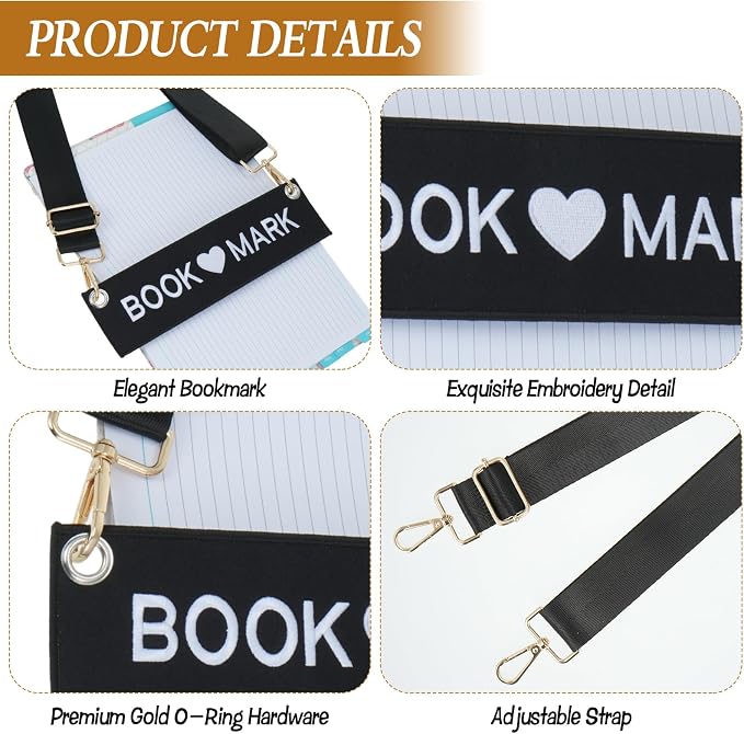 2 Pack Adjustable Crossbody Bookmark with 10 Inch Detachable Strap Embroidered Leather Book Carrier for Women Hands-Free Reading Accessories Book Marks for Book Lovers and Readers