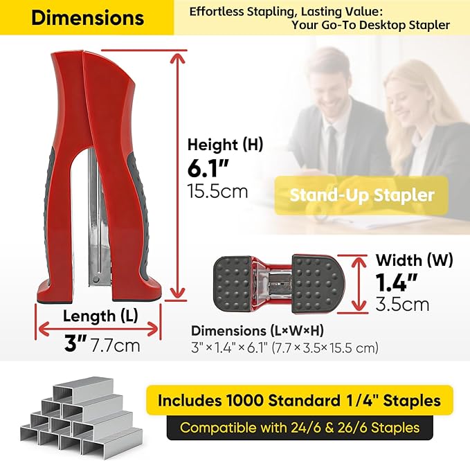 Stand-Up Stapler with 1000 Standard 1/4" Staples, Handheld Ergonomic Soft Grip 2-in-1 Vertical & Flat-Use Desktop Full Strip Stapler for Office, Home, School, Business & Classroom Supplies – Red