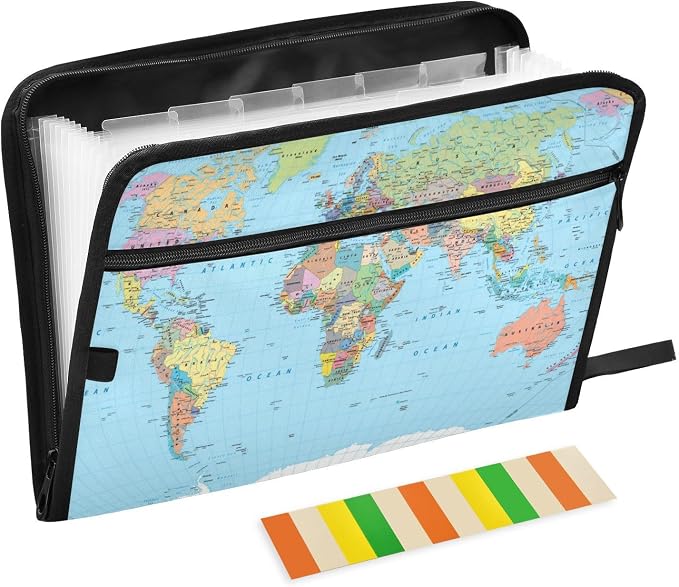 World Map Borders Countries Roads Expanding File Folder with Sticky Labels, 13 Pockets Accordion File Folder Document Organizer Expandable Zip File Folder with Zipper Closure