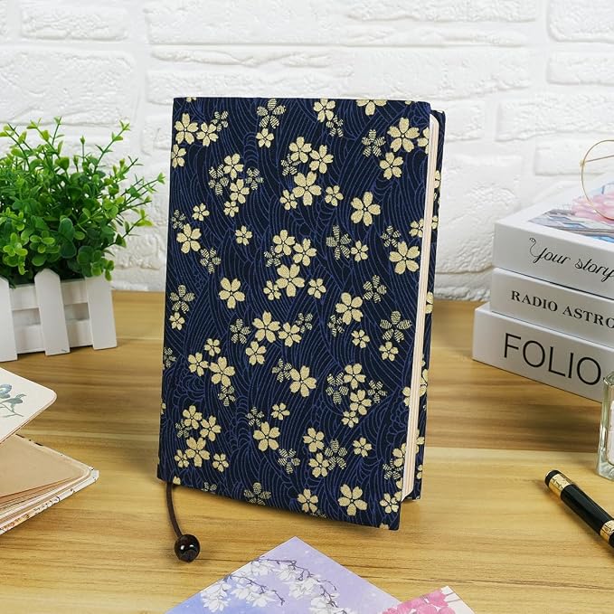 Book Cover for Paperbacks, Book Sleeve Cover for Hardcover, A5 Soft Cloth Book Protector Fit for 5.5×8.2 inch Notebook Textbooks Softcover Book Novels Bible - Navy Blue Cherry Blossom Pattern