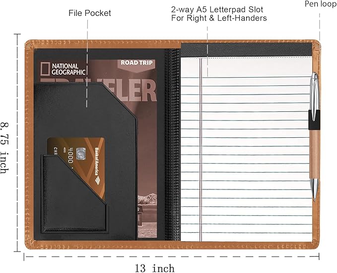 Junior Padfolio Folder - A5 Portfolio Binder Case with 5 x 8 Writing Pad and Interior Storage Pocket Executive Business Organizer for Men Women, Brown