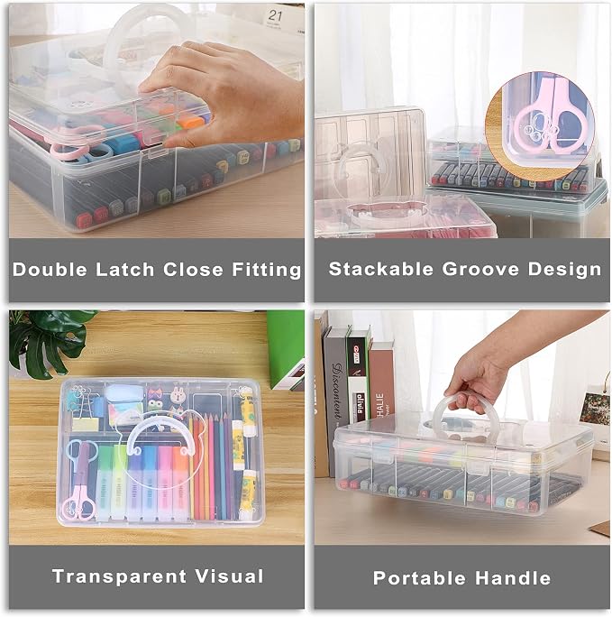 BTSKY 2-Tier Cute Bear Storage Box with Removable Divided Tray Portable Clear Plastic Art Craft Supply Organizer Stackable Home Office Supplies Storage Container for Pens Notes A4 papers etc (Clear)