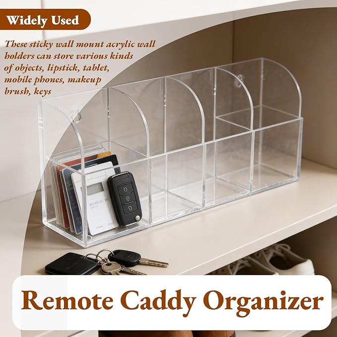 4 Case Remote Control Holder, Wall Mount Pen Holder Remote Caddy Organizer, Transparent Acrylic Storage Box for Home Office School Supply Orgaizer