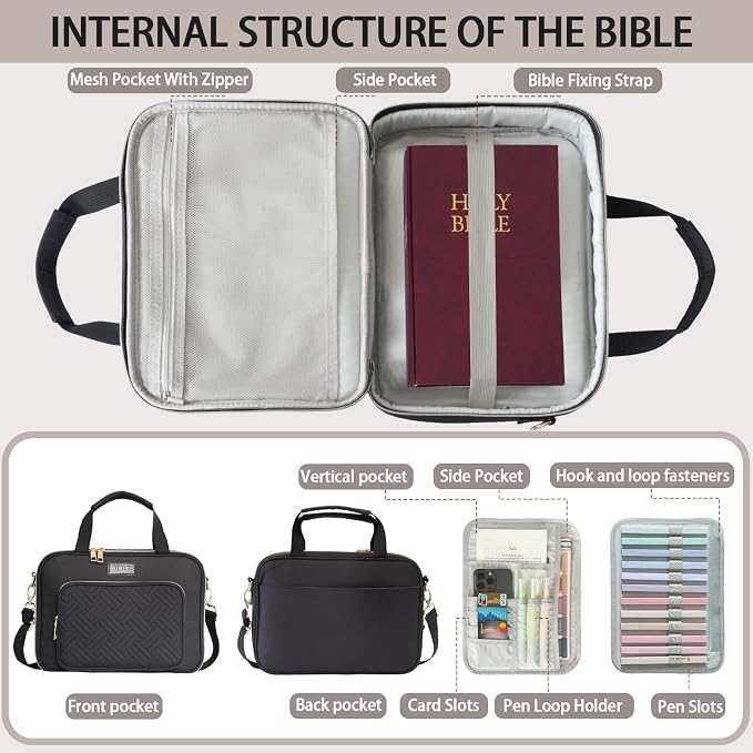 Bible Cover for Women Bible Case, Large Bible Bag, Bible Study Supplies Bible Journaling Kit Book Carrying Case with Bible Highlighters Tabs, Valentines Day Christian Gifts for Women (Black)