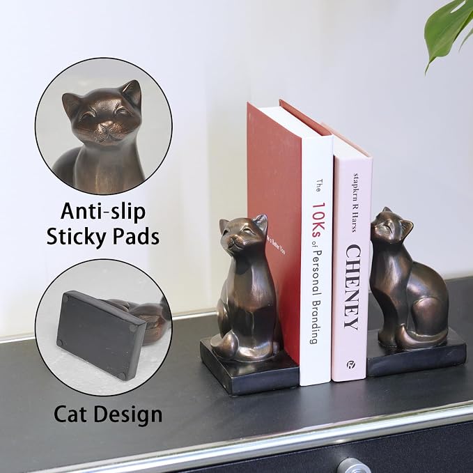 Cat Book-Ends Heavy Duty Decorative-Bookends - Unique Bookend for Books Heavy Duty Antique Book Stopper for Shelf Office Desk Magazine Stand Organizer 2.8 LBS 4.25x2.75x6.75 inches Newman House Studio