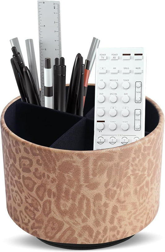 Round Leather Art Supply Organizer,Remote Control Holder,360 Degree Rotating,Multi-Functional Pencil Holder,4 Compartments Desktop Stationary Organizer(1-Leopard Brown)