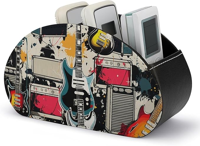 Rock Music Pattern Remote Control Organizer PU Leather Storage 5 Compartment Controller Holder Multi-functional Brush Organizer Box Office Supplies Caddy for Bedside