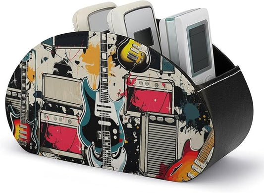 Rock Music Pattern Remote Control Organizer PU Leather Storage 5 Compartment Controller Holder Multi-functional Brush Organizer Box Office Supplies Caddy for Bedside