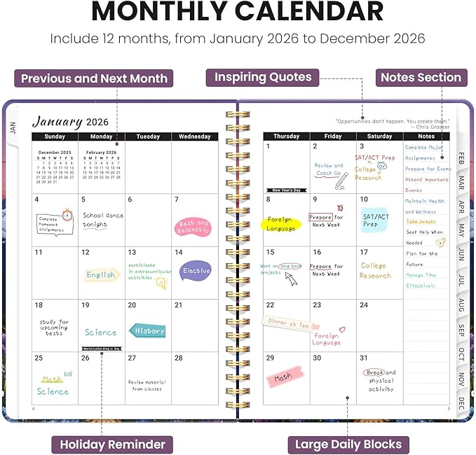 2026 Planner, Weekly and Monthly Planner for Women, January 2026 - December 2026, Hardcover 2026 Calendar Planner Book with Tabs, Inner Pocket, Spiral Bound, Perfect for Office Home School Supplies - A5 (6.3" x 8.5"), Moonlit Blooms