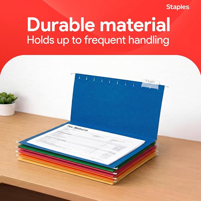 Staples Heavy‑Duty Reinforced Hanging File Folders, Legal Size, 1/5‑Cut Tabs, Assorted Colors, Durable Box‑Bottom Construction – 25/Box
