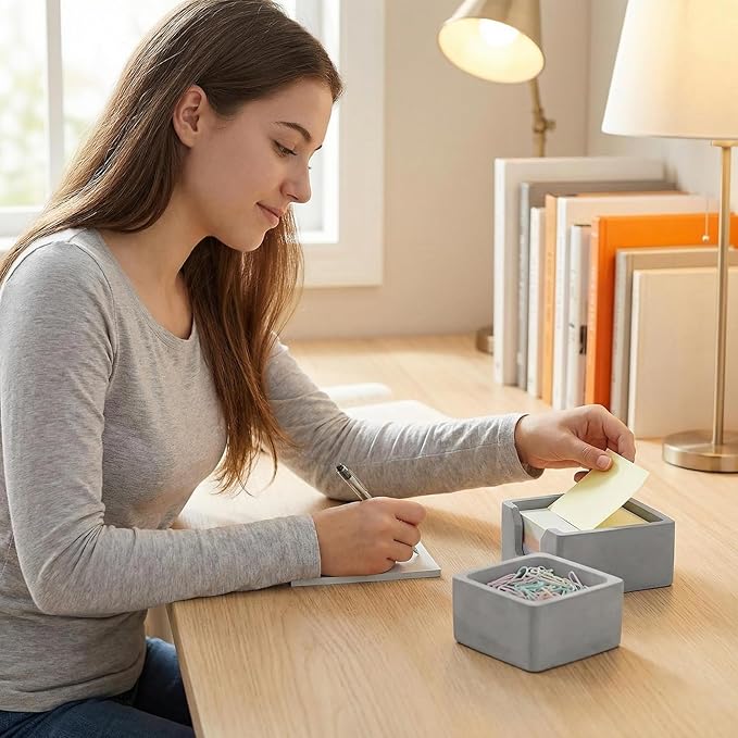 Concrete Desk Organizer Set of 2 - Minimalist Sticky Note Holder & Paper Clip Dispenser - Heavy Duty Office Desk Accessories with Non-Slip Base for Home Workspace Organizer & Desk Decor, Gray