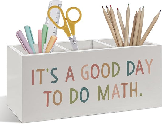 Boho Math Classroom Pen Pencil Holder, Math Teacher Gifts Desk Accessories, Boho Classroom Wooden Pen Pencil Organizer for Kids Room Bedroom Middle High School Office Desk Decor