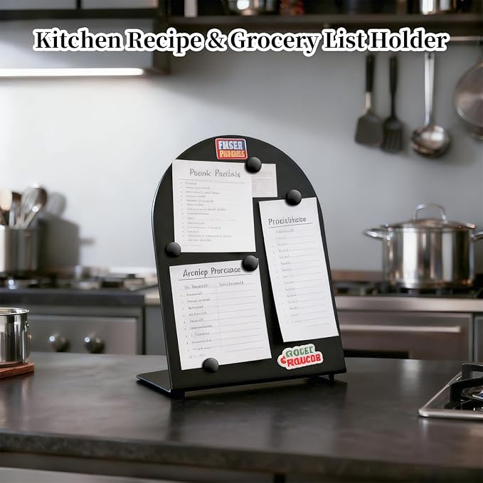 2 Pcs Black Magnetic Bulletin Board for Tabletops - 10x7 Inch Arched Memo Display Easel Stand with 8 Magnets, Metal Memo Board for Home, Office, School, Kitchen, Restaurant Supplies