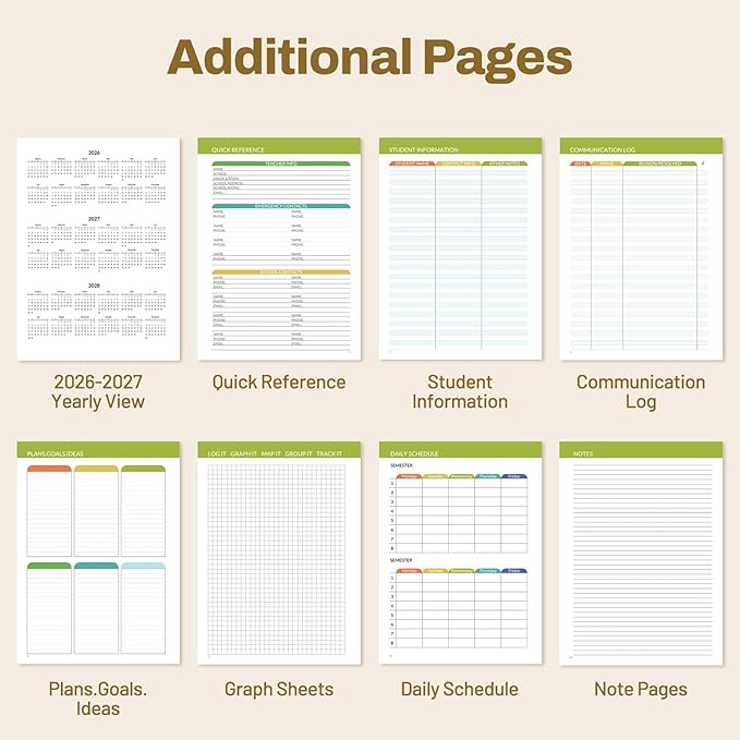 SUNEE Teacher Planner 2026-2027 Academic Year, 7 Periods Lesson Plan Book Jul 2026 - Jun 2027, 8.5"x11"Daily Weekly Monthly Organizers Horizontal Layout with Calendars, Bookmark, Tabs, Colorful Pen