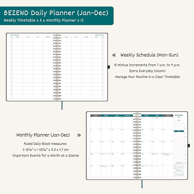 BEZEND Daily Appointment Book 2026 Page per Day Even Weekends (Large-8.25" x 11.75") 15-Minute Timeslots in 4 Columns, Monthly Planner with Tabs & Week Schedule, PU Leather Softcover in Mint Green
