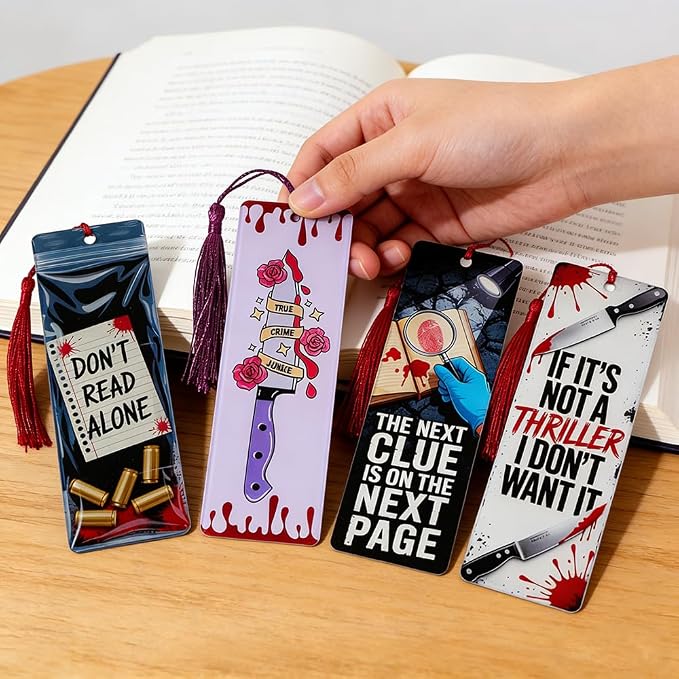 4Pcs Crime Scene Bookmark Set Acrylic, True Crime Book Marks with Tassels, Mystery Thriller Lover Gifts (4pcs True Crime)