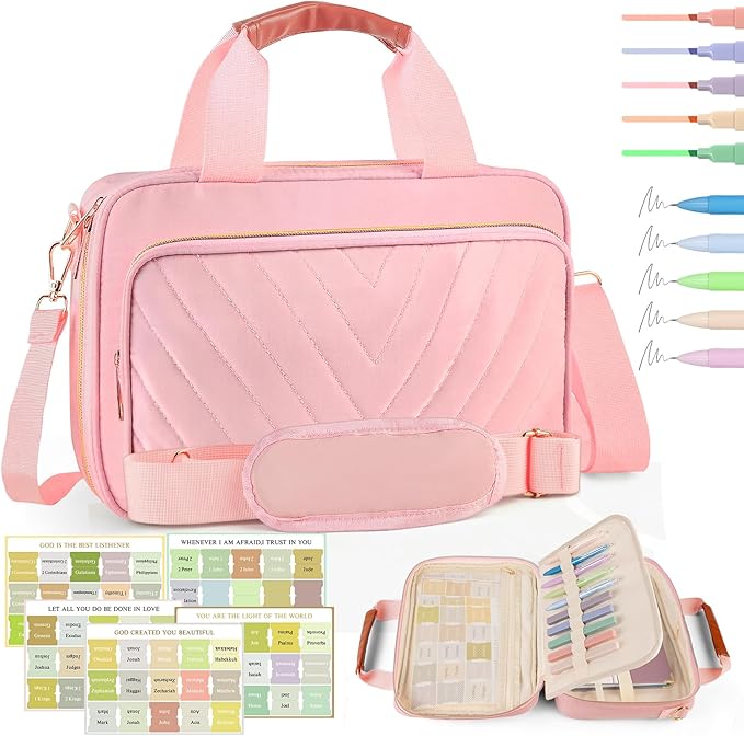 Bible Cover Case for Women, Large Quilted Bible Bag with Bible Study Supplies 5*Sticker & 5*Highlighter & 5*Pen, Stylish Church Bag Journaling Kit, Mothers Day Christian Gifts (Pink)