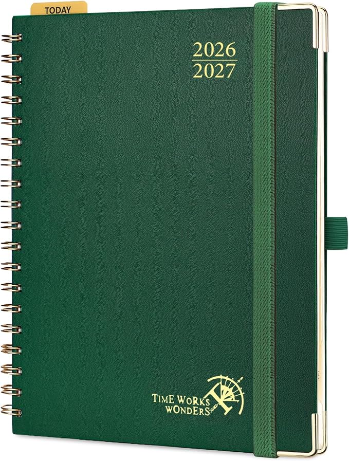 POPRUN 2026-2027 Academic Year Weekly and Monthly Planner Calendar,Jul 2026 - Jun 2027，10" x 8"， Daily Agenda Book & Appointment Book with Hourly Schedule, Tabs, Hardcover, School and Office Supplies - Dark Green