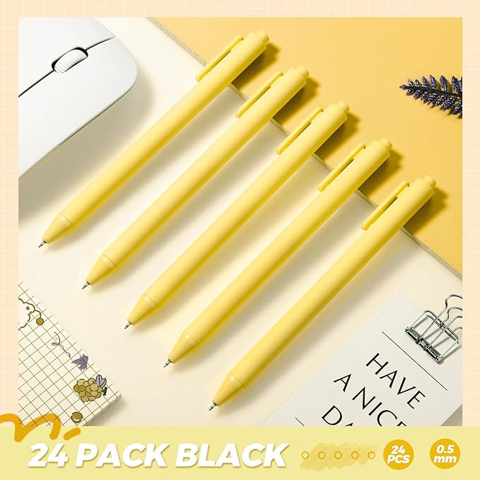 Cholemy 24 Pack Retractable Pens Bulk Pastel Gel Ink Pens 0.5mm Fine Point Tip Black Ink with Grip Smooth Writing for Journaling Note Taking School Supplies(Yellow)