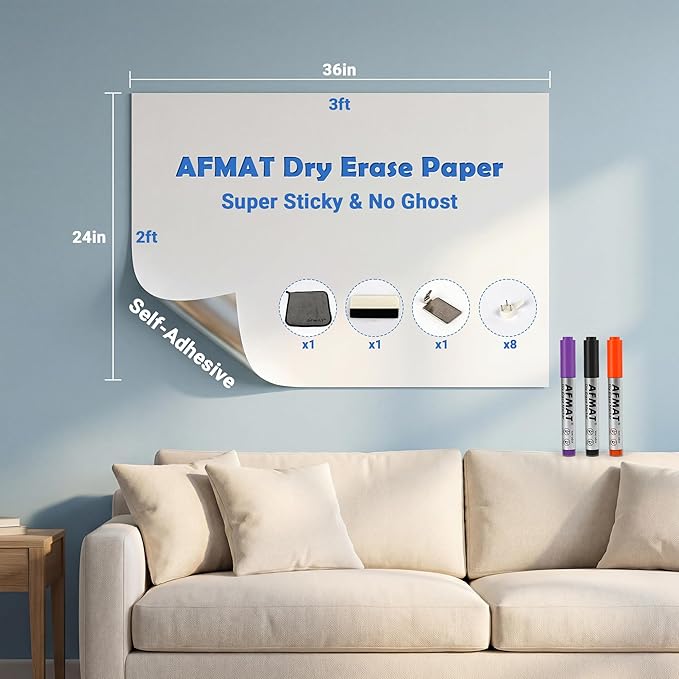 AFMAT White Board Dry Erase Paper, 36" x 24" Whiteboard Wallpaper, with 3 Markers, Stain-Proof & Super Sticky, No Ghost After 60 Days, Peel and Stick Dry Erase Board Paper Roll for Wall/Home/Office
