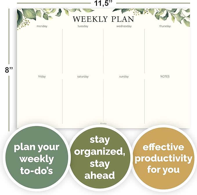 Weekly Planner Notepad, Undated Tear Off Weekly To Do List Notepad, 11.5" x 8", Eucalyptus Design on Cream Base, Premium Thick Paper and Cardboard Back Support, Desk Planner for Work, Office and Home.