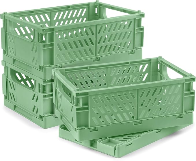 4 Pcs Collapsible Storage Crates, 10x5.9x4 inches Space-Saving Folding Containers, Stackable Plastic Boxes for Home Kitchen Office Bedroom Bathroom, Green