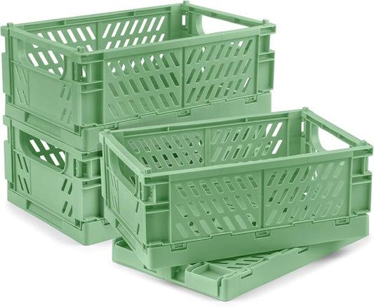4 Pcs Collapsible Storage Crates, 10x5.9x4 inches Space-Saving Folding Containers, Stackable Plastic Boxes for Home Kitchen Office Bedroom Bathroom, Green