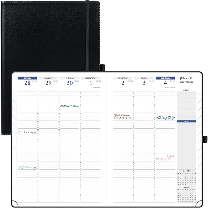 POPRUN 2026 Planner - Weekly And Monthly Planner (A4 Size 8.25'' x 11.75''), 15-Minute Hourly Planner & Appointment Book (Jan 2026 - Dec 2027), Monthly Tabs, Inner-pocket - Black