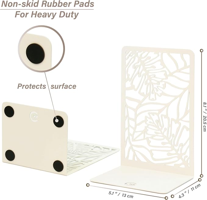 CNK Premium BookEnds for Heavy Books - Metal Book Stoppers for Book Shelves - Decorative Home Office Book Holders (Tropical White)
