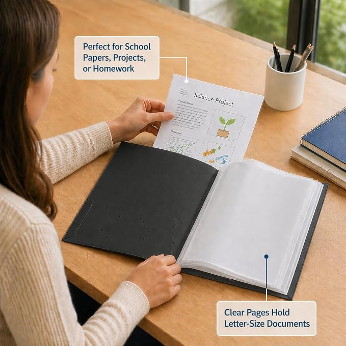 Ultra PRO - 50 Pack Black Heavy Duty 2-Pocket Folders with 6 Clear Internal Pages, Waterproof Poly Project Organizer for School and Office, Fits 8.5 x 11 Letter Size, Customizable Clear Covers