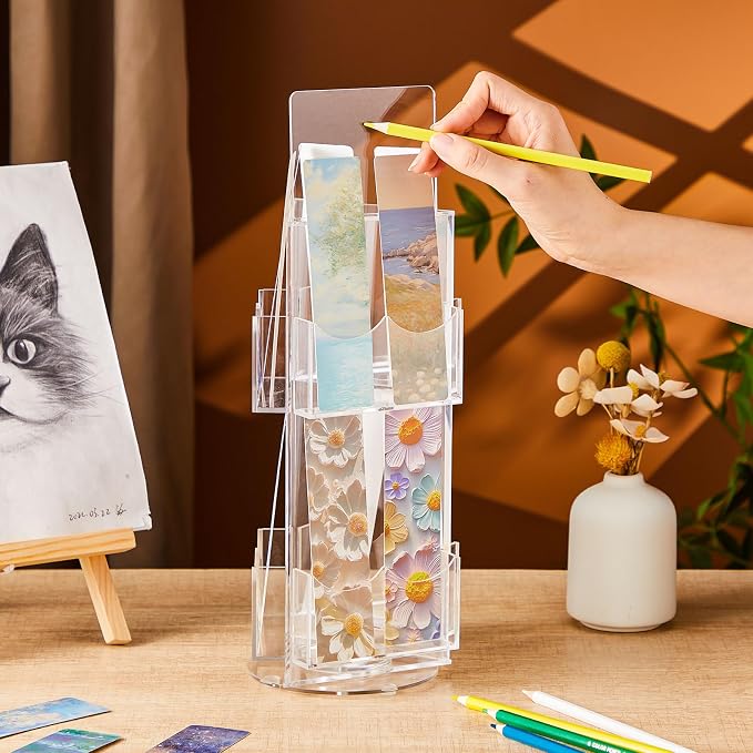 Marsui 2 Tier Acrylic Rotating Bookmark Display Stand, 14.6 x 4.1 x 5.9 Inches 3 Sided Bookmark Sticker Holder, 360° Rotating No Assembly Required for Vendors, Retail, Showcase, Trade Show