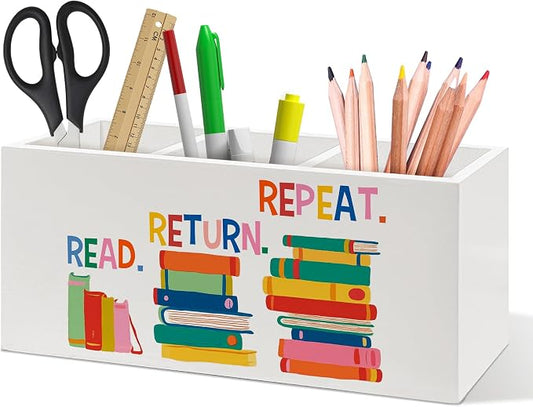 Book Lover Gifts Pen Holder, Book Reader Gifts Classroom Pen Pencil Holder Organizer for Desk Accessories, Bookish Wooden Box Desk Decor for Reading Room Library Classroom Desk Decorations