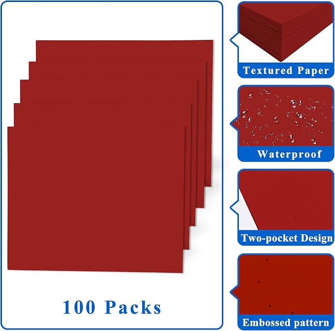 Zzrywuty 100 Packs Red Paper Folders with Pockets for Students,Businessmen and Office Workers,Letter Size,Two Pocket Folders with Card Slot for Office,Business,School Supplies
