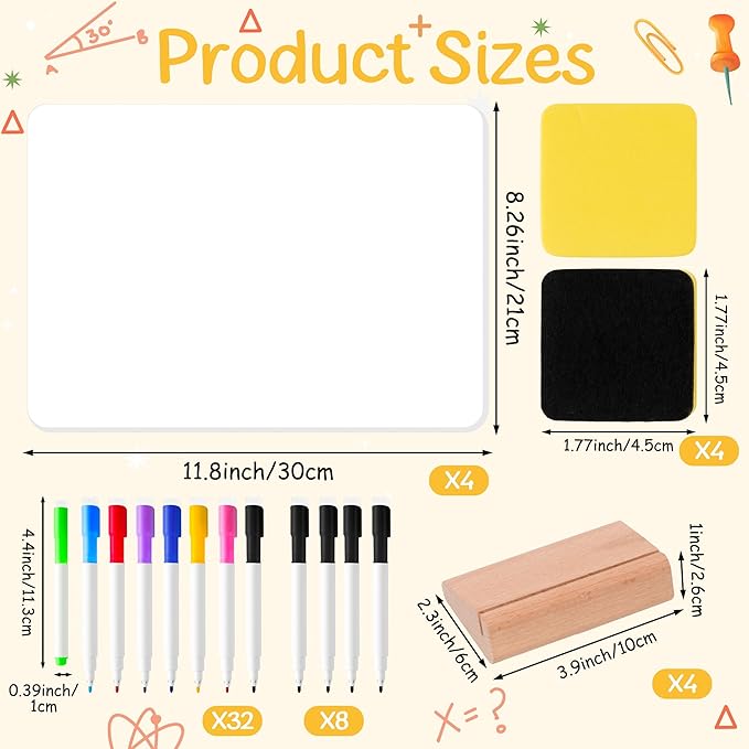 Small Dry Erase Board - 4PCS Whiteboards for Classroom Supplies with 40 Markers and 4 Erasers, Portable Double Sided Lapboard with Wood Base for Students Teachers School Accessories (11 x 8 in)