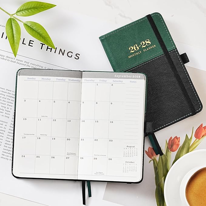 2026-2028 Pocket Calendar/Planner - 3 Year Monthly Pocket Calendar 2026-2028, from January 2026 to December 2028, 6.4" x 3.8", with Elastic Closure, Water Proof Leather - Green