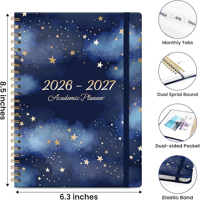 Planner 2026-2027, Monthly and Weekly Academic Planner July 2026 - June 2027, Hardcover Student Teacher Planning Agenda Calendar Book with Tabs, Perfect for Office School Supplies, A5 (6.3" x 8.5") - Starry Night