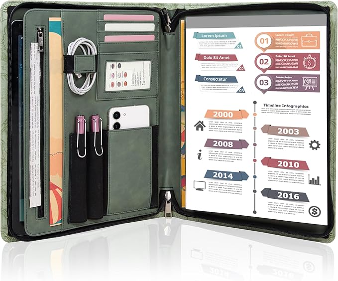 Calfinder Vegan Leather Portfolio with Zipper, Professional Business Padfolio with A4 Writing Pad Holder, Green Christmas Gifts, Resume Folder for Men and Women (Light Green, Customized)